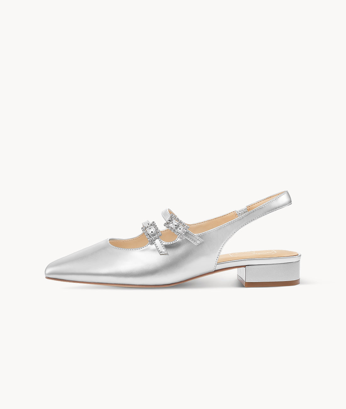 Silver Moon Mary Jane-Square-toe Silver Slingback Flat with 25mm heel