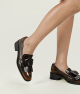 Square-toe Brown Cow Leather Mattress Flat Loafers with 35mm block heel