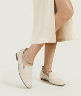 Almond Croissant Square-toe Creamy White suede Mattress Flat Loafers with 18mm heel
