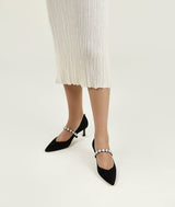 AIR-TOUCH FOAM Classic 5CM BLACK WORK HEELS - Dark Tea Heels 7or9 5.0 With Black Velvet Pearl Belt